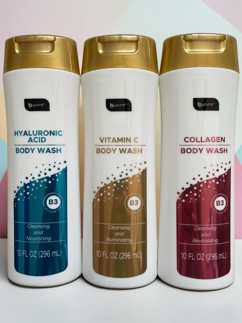 B Pure Hyaluronic Acid Collagen Vitamin B & C Body Wash 3 Piece Set 10 FL OZ